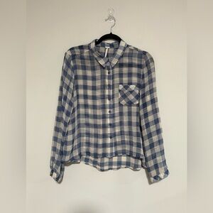 Free People Blue Gingham Plaid Sheer Button-Up Shirt Size Medium Cottage Preppy